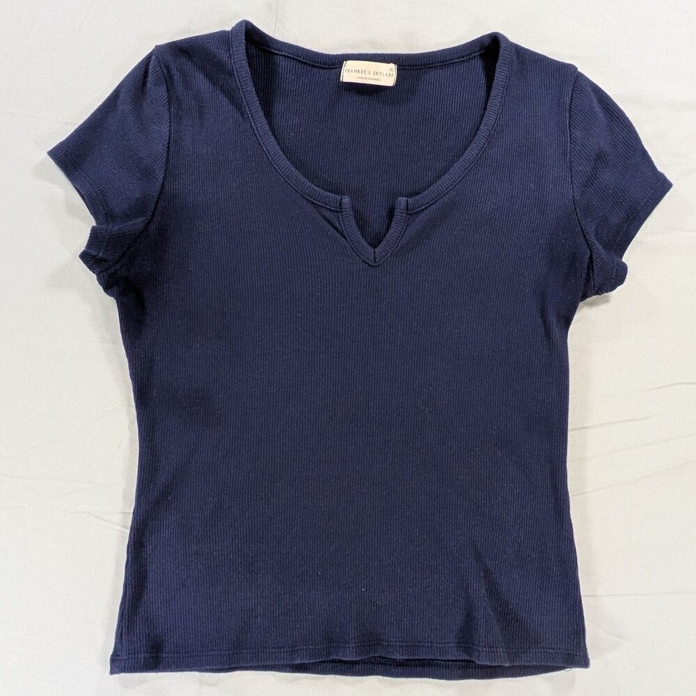 Frankee Skylar Women's V-Neck Short Sleeve Shirt Size XL Ribbed Navy Blue
